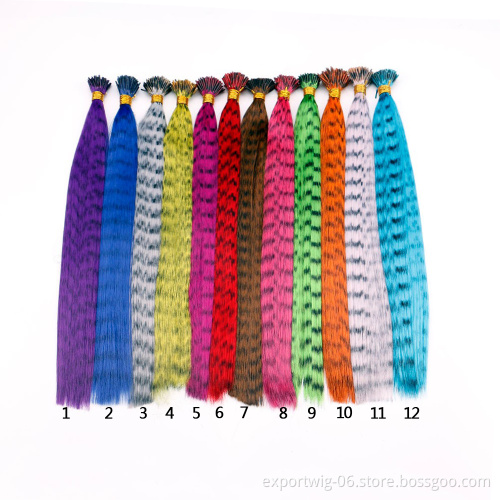 pre-bonded rainbow color clip hair i-tip grizzly rooster feathers for straight synthetic hair accessories extensions wholesale